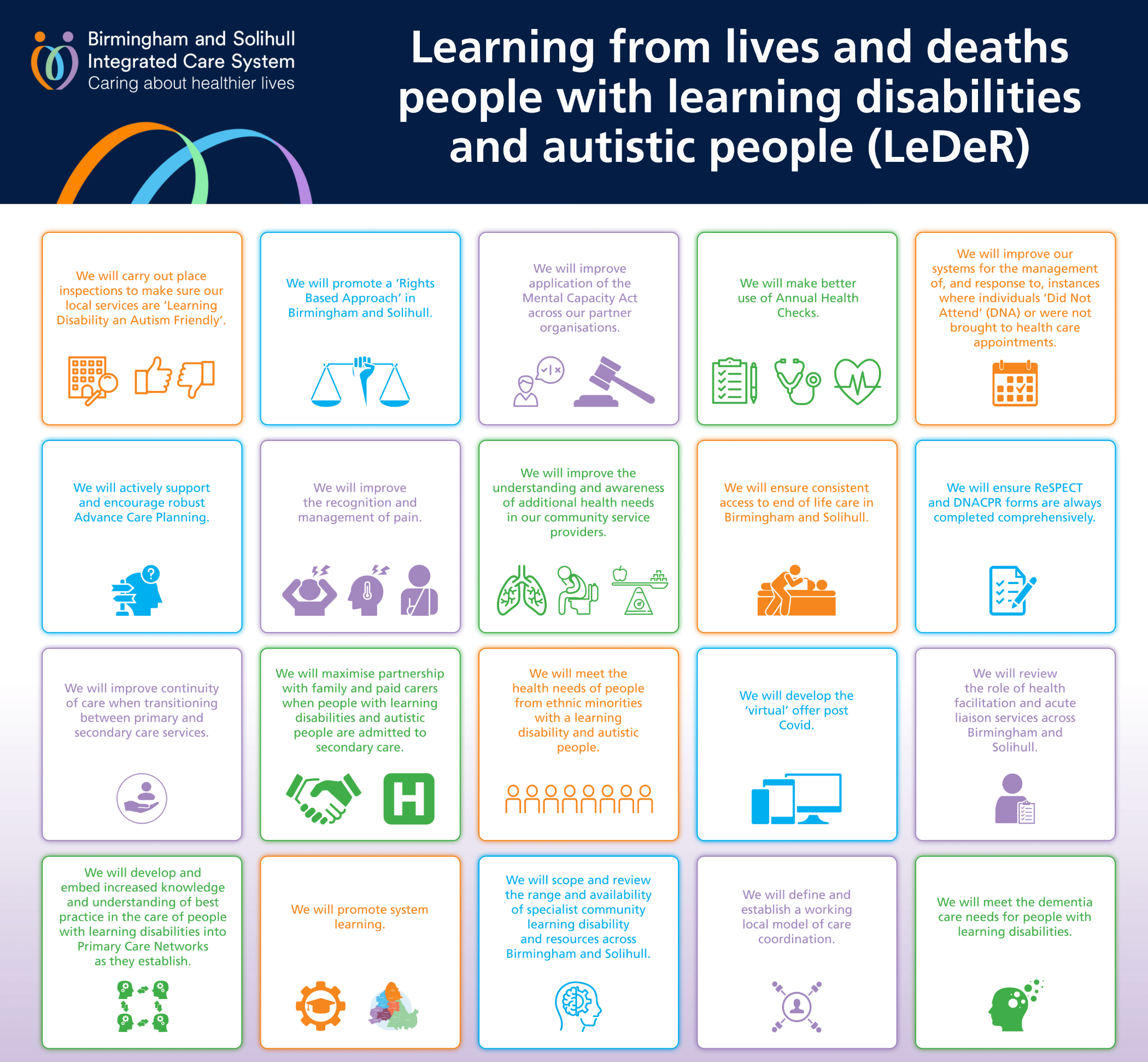 An infographic displaying the 20 priority areas identified for learning from the lives and deaths of people with learning disabilities and autism.